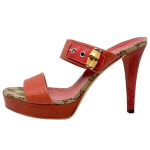 Gucci Logo Canvas Leather Bamboo Buckle Sandals Heels Brown Orange 38‎